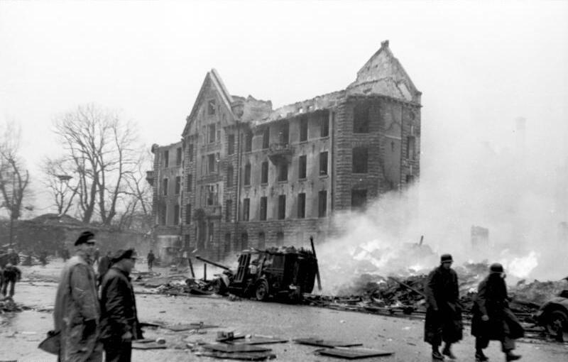 Buildings destroyed in central Bergen after the 1944 Voorbode explosion