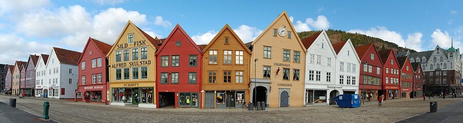 The full row of Bryggen Hanseatic warehouses photographed from across Vagen