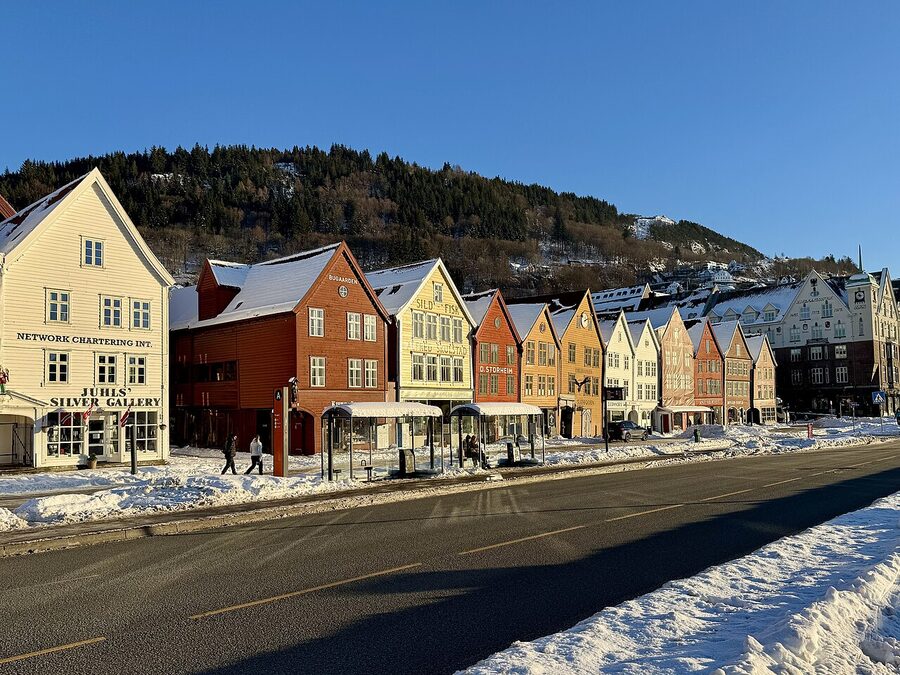 Bryggen wharf in winter snow