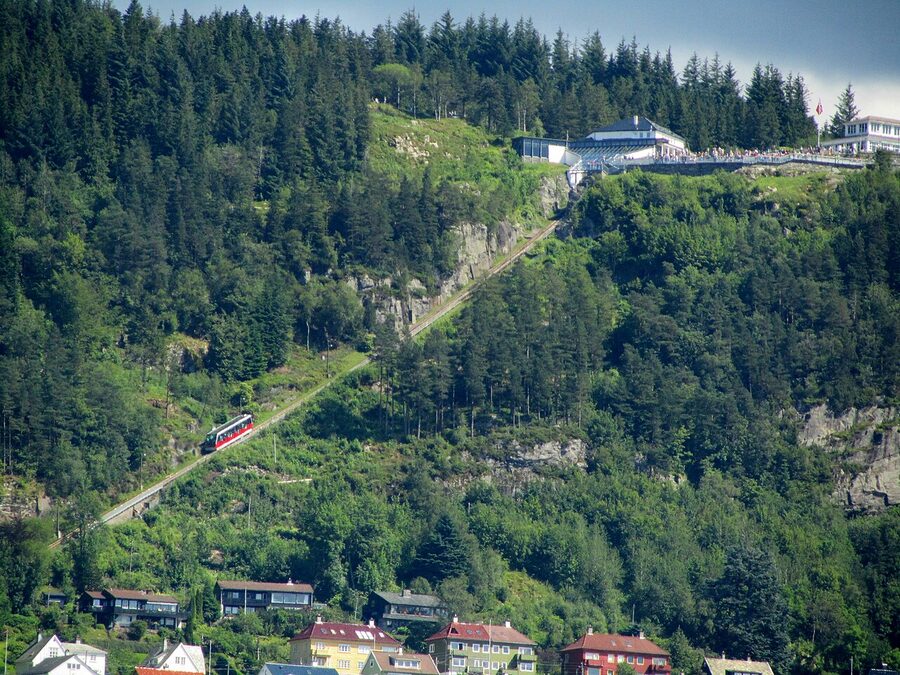 The Fløibanen carriages descending Mount Fløyen above the wooded slope