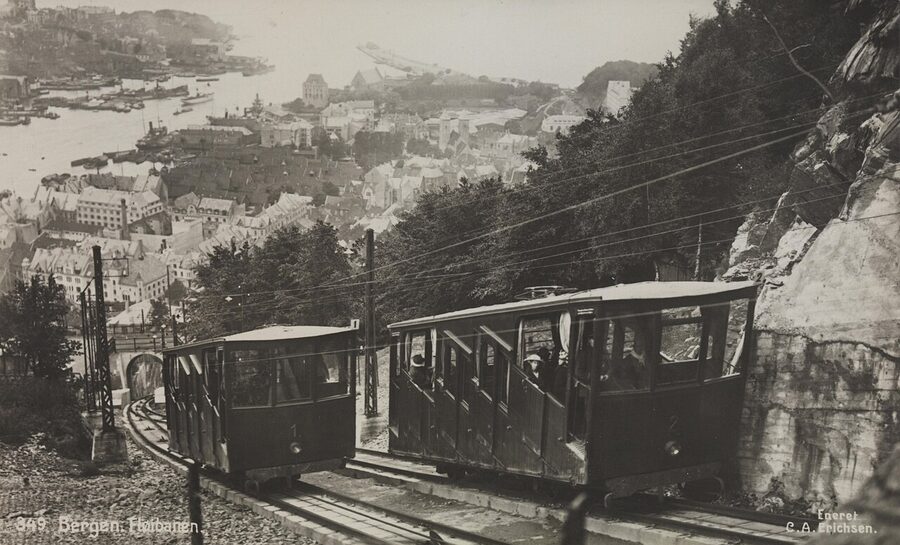 Historic photograph of the Floibanen funicular ascending Mount Floyen