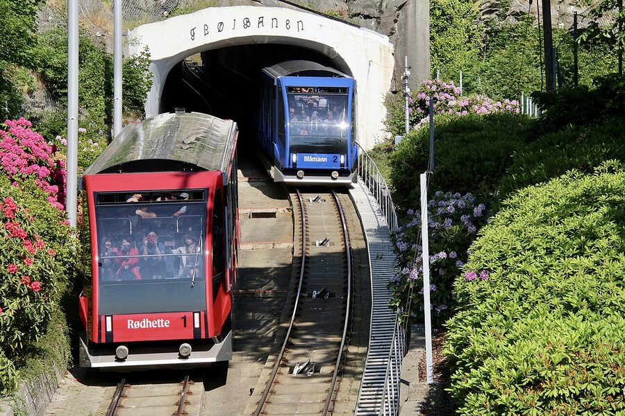 The Fløibanen funicular at the lower station in central Bergen