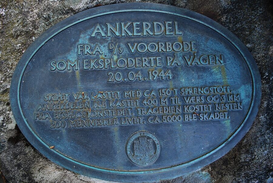 The Voorbode 1944 explosion memorial plaque on the Bergen harbour