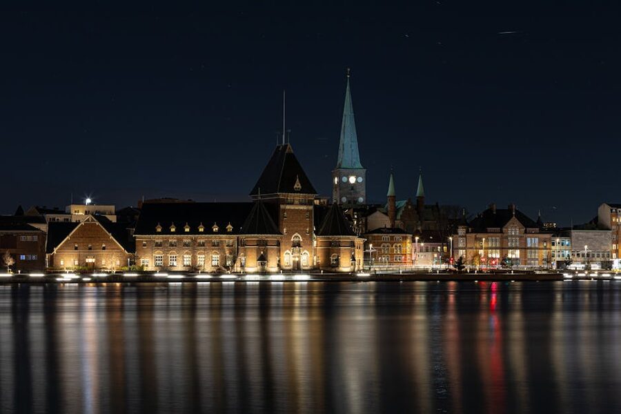 Aarhus waterfront illuminated at night