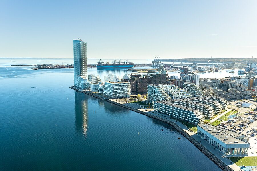 Aerial view of Aarhus O with the Lighthouse tower