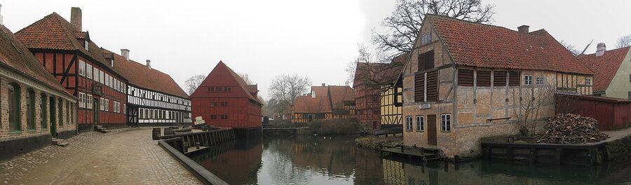 Cobbled square inside Den Gamle By open-air museum, Aarhus