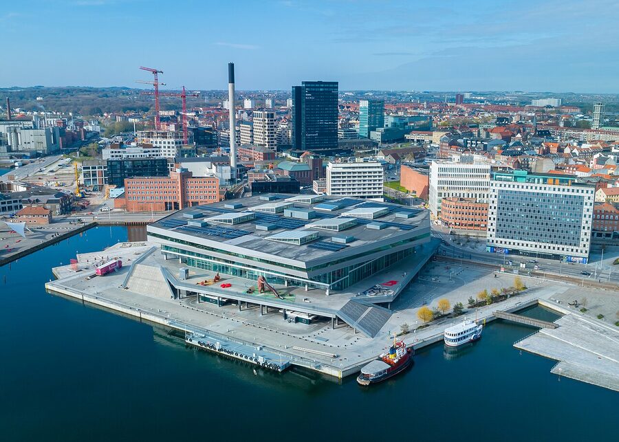 Aerial view of Dokk1 library on the Aarhus harbourfront
