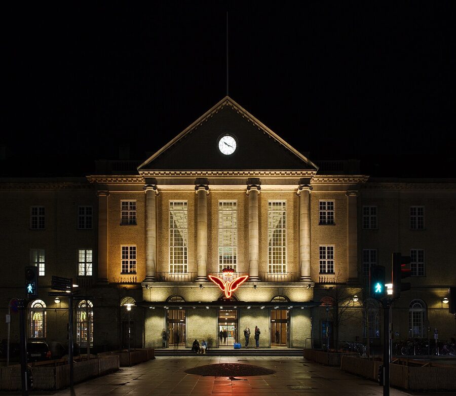 Aarhus Hovedbanegaard Central Station in the evening
