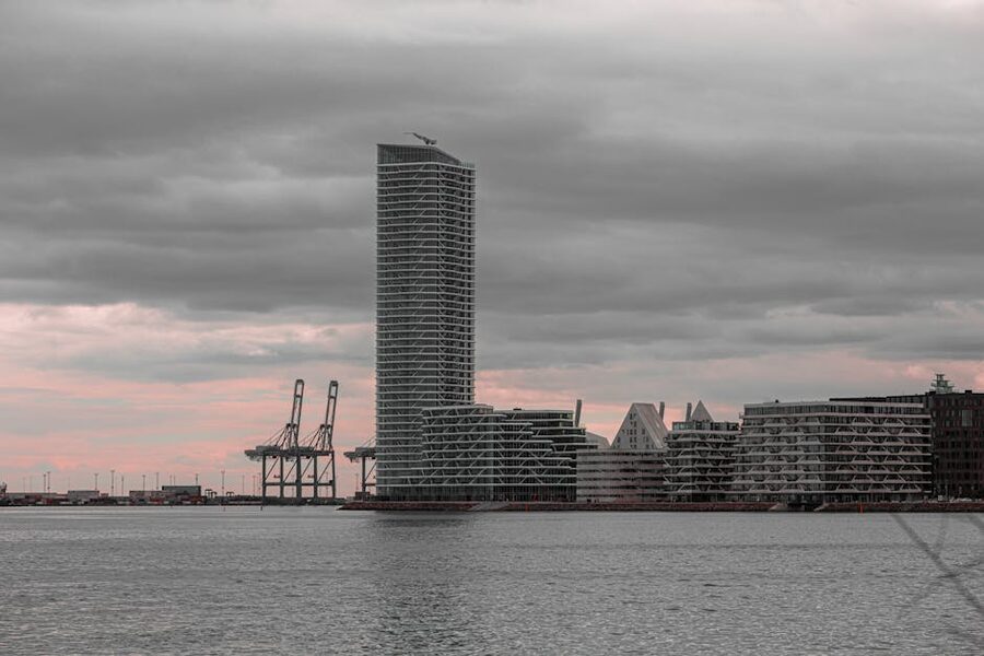 The Isbjerget apartments rising above Aarhus harbour