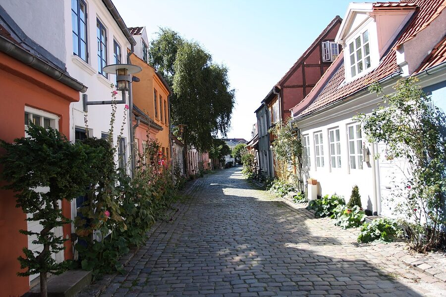 Cobblestones and hollyhocks on Mollestien, Aarhus