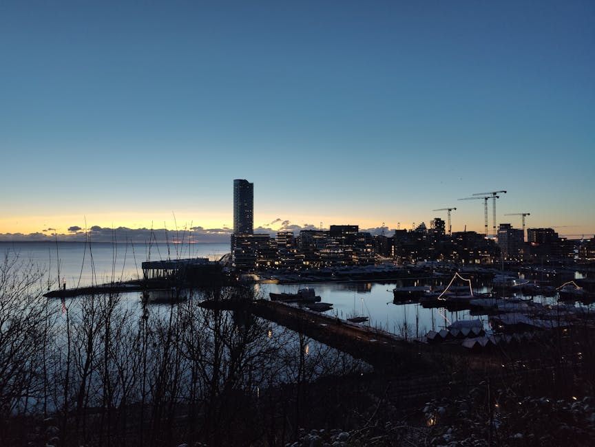 Sunset over Aarhus harbour and city skyline
