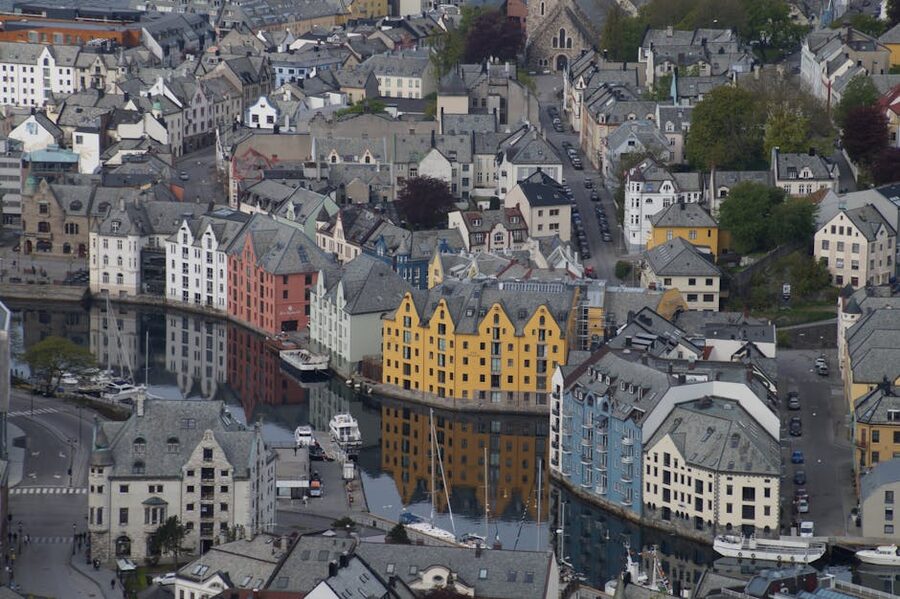 Aerial view of the Ålesund canal cutting through the city