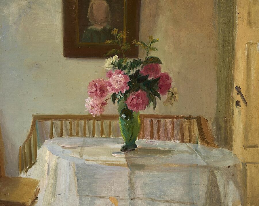 Anna Ancher's interior of Anchers Hus with chrysanthemums on a table
