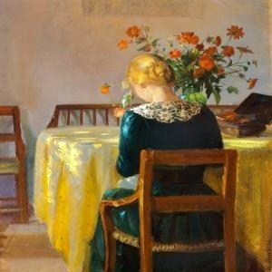 Anna Ancher interior with daughter Helga sewing in the parlour at Anchers Hus