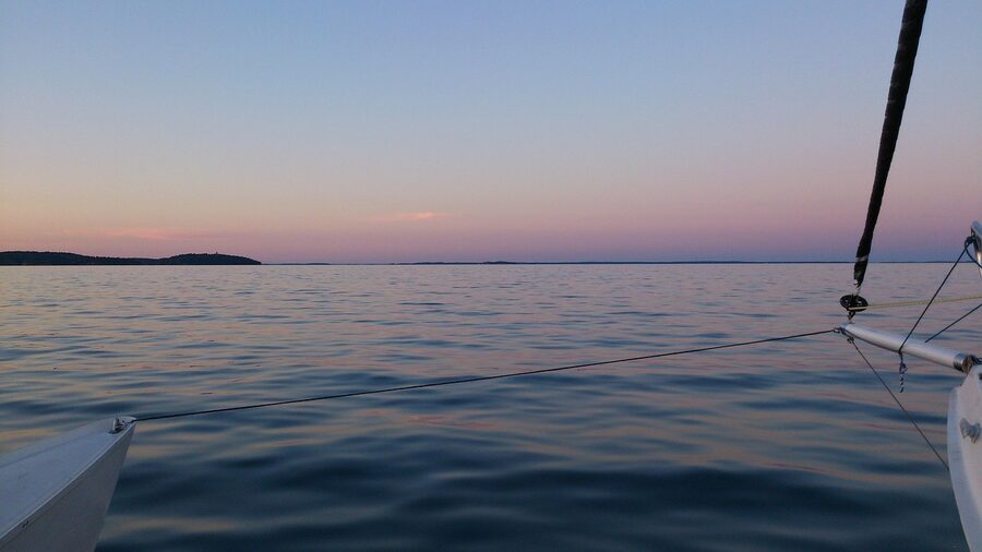 Stockholm archipelago at sunset, golden water and silhouetted islands