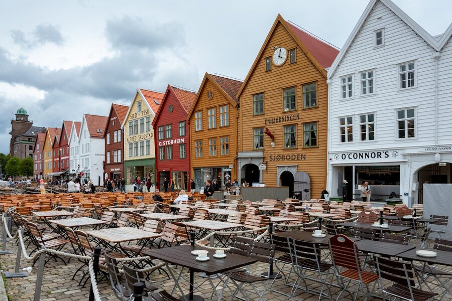 Bryggen waterfront with outdoor cafes and tables