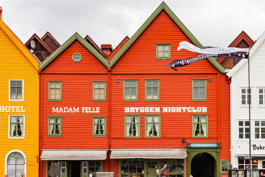Bryggen shopfronts and signs in the back alleys