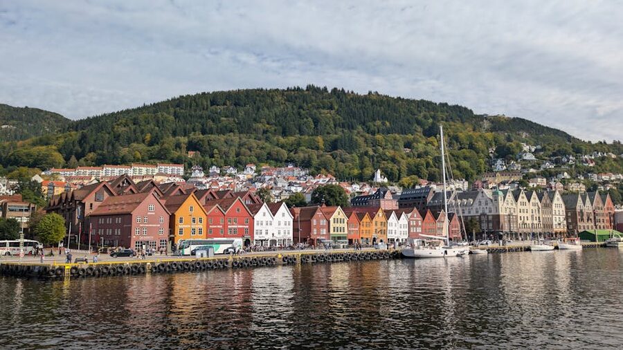Bryggen wharf in Bergen, colourful wooden warehouses on the harbour
