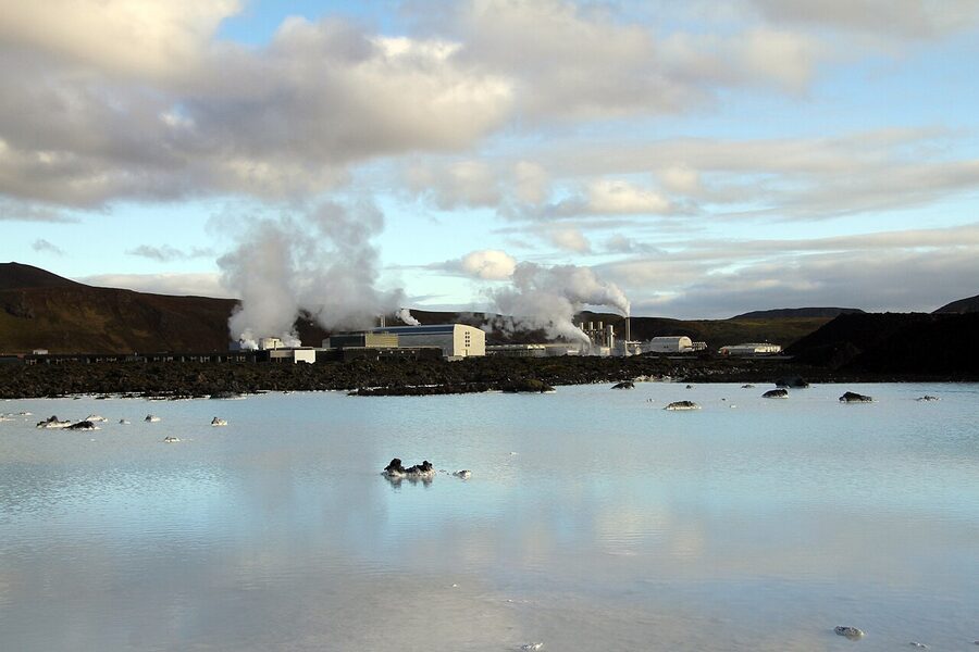 The Blue Lagoon at dusk in October, milky blue water, lava banks