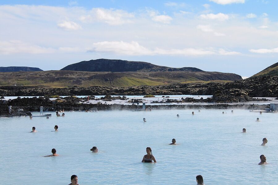 Aerial overview of the Blue Lagoon and surrounding lava field