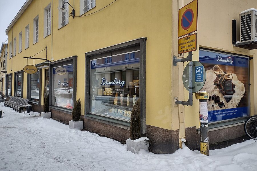 The Brunberg confectionery shop on Välikatu, Porvoo, with painted shop sign and red wooden wall