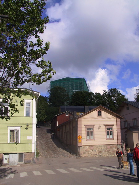 Porvoo Cathedral wrapped in protective sheeting during the 2006-2008 reconstruction, scaffolding around