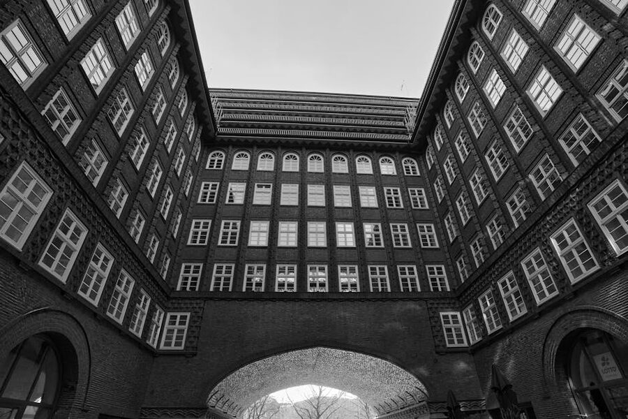 The Chilehaus's brick courtyard with arched entrance