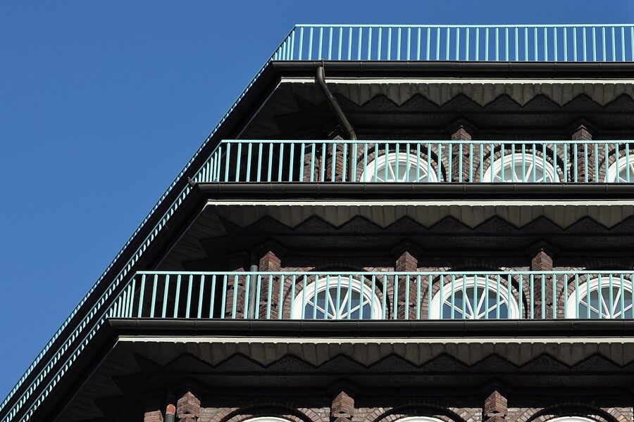 Detail of the Chilehaus brickwork, showing patterned brick and decorative window surrounds