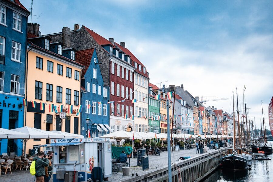 Painted houses and small boats along Copenhagen's Nyhavn waterfront