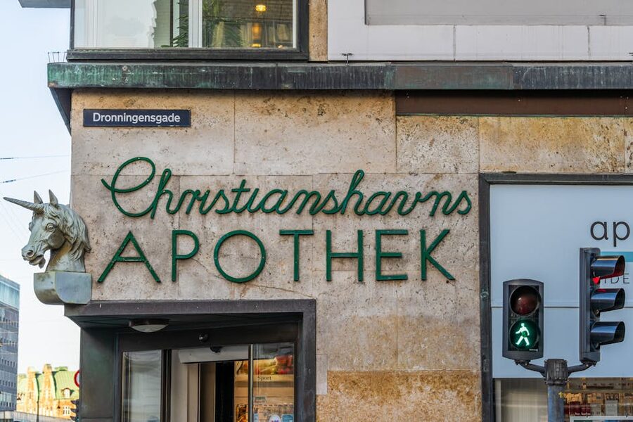 Christianshavns Apothek pharmacy with unicorn statue on its corner facade