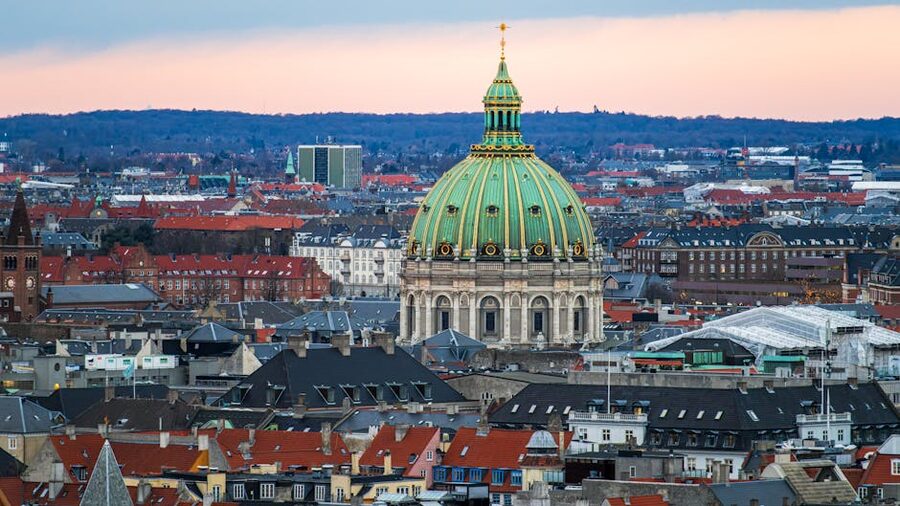 Aerial view of Frederik's Church and central Copenhagen at sunset