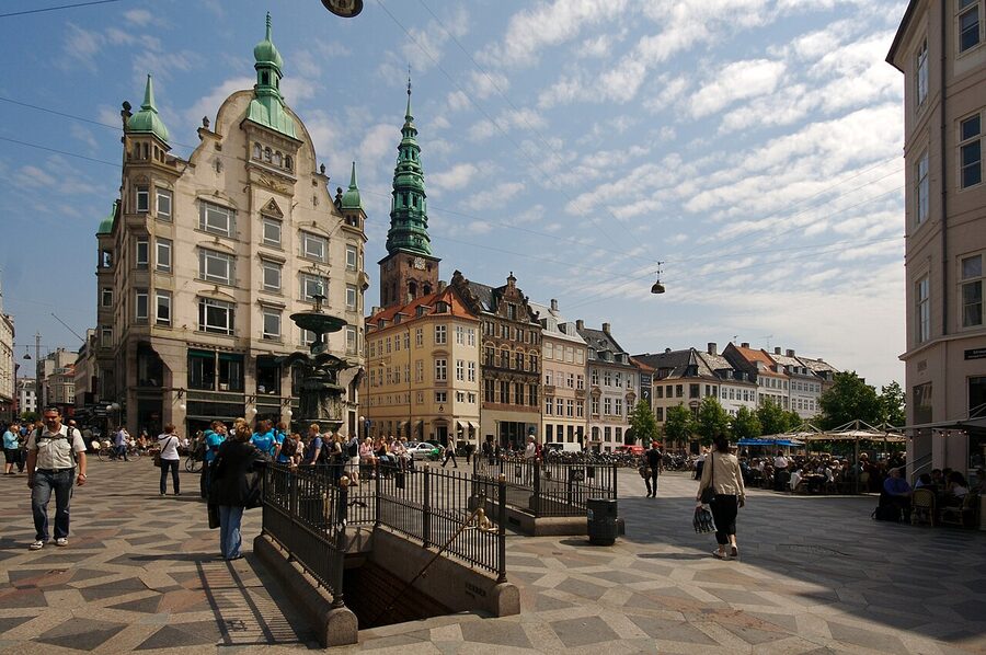 Strøget pedestrian shopping street in central Copenhagen with shoppers and storefronts