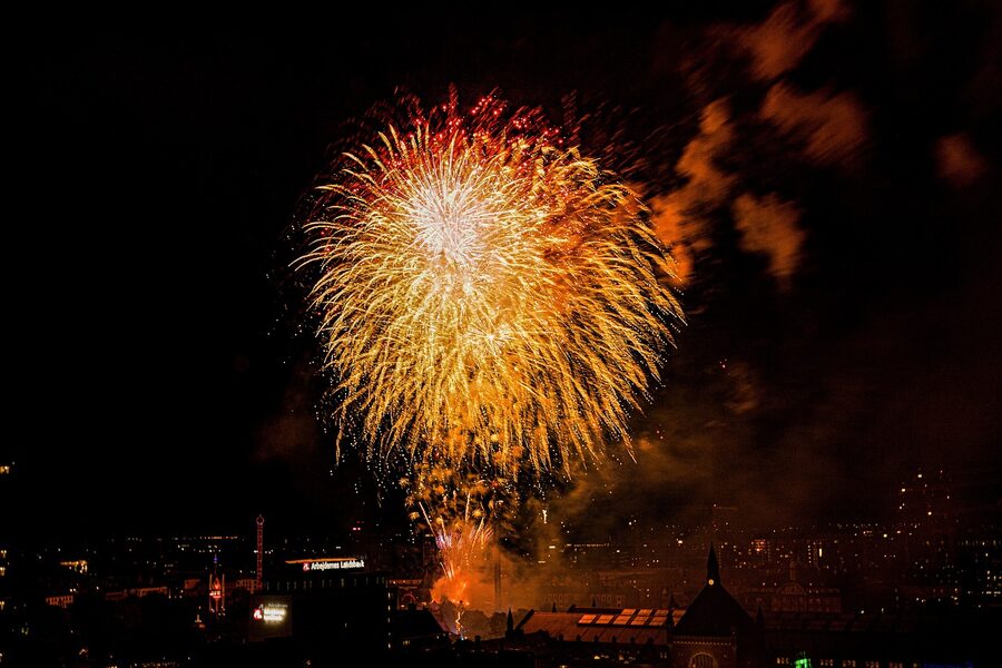 Fireworks above Tivoli Gardens at night