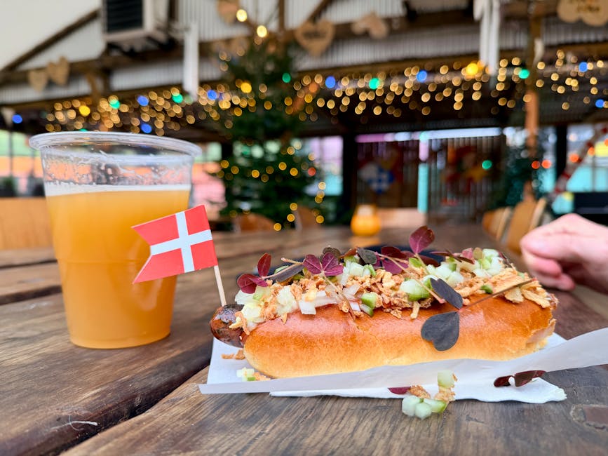 Danish hotdog and beer at a Christmas market stall