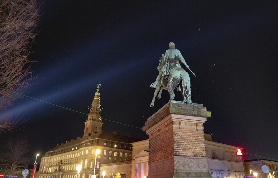 Bishop Absalon statue at Højbro Plads during Copenhagen Light Festival