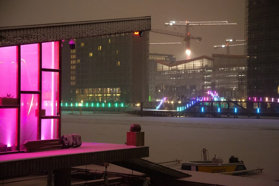 Copenhagen Light Festival installation viewed from Islands Brygge