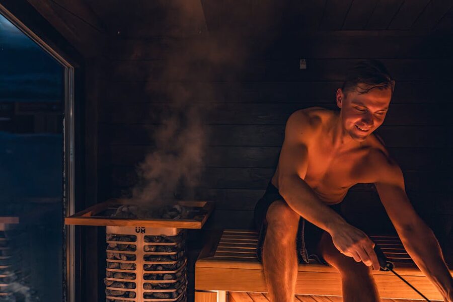Nordic sauna interior with warm lighting