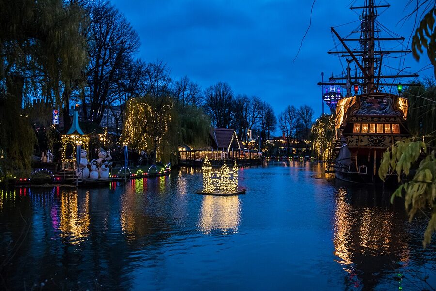 Tivoli Christmas market stalls with red illumination