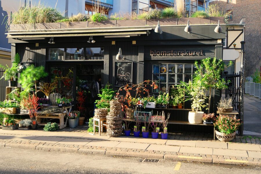 Værnedamsvej street in Vesterbro Copenhagen with flower shop