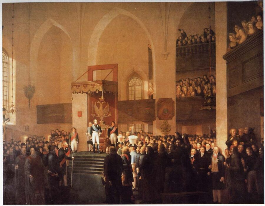 Emanuel Thelning's painting of the Diet of Porvoo, showing Tsar Alexander I addressing Finnish estates in the cathedral