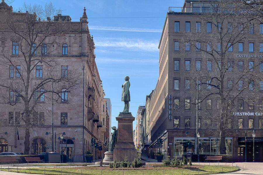 Walter Runeberg's statue of his father J.L. Runeberg in Esplanadi park, Helsinki, summer light