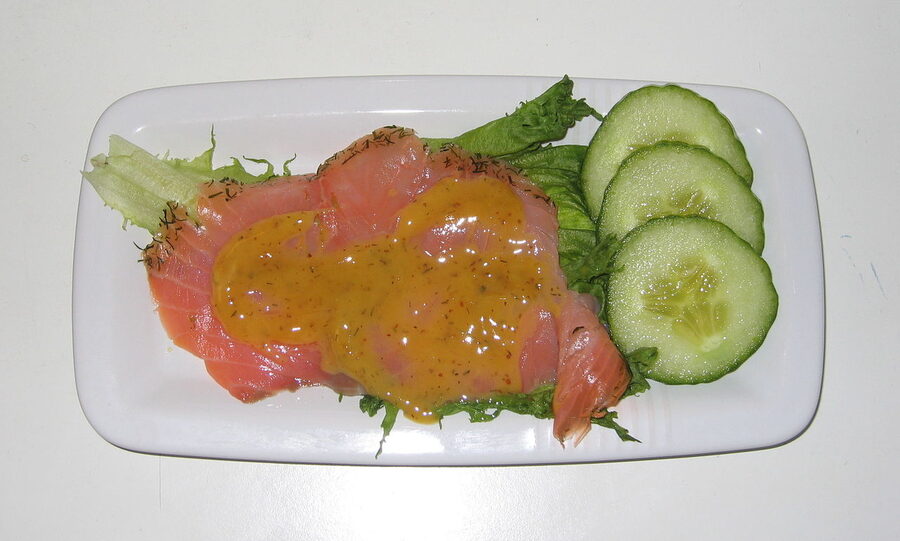 Gravlax served with the classic hovmästarsås mustard-dill sauce