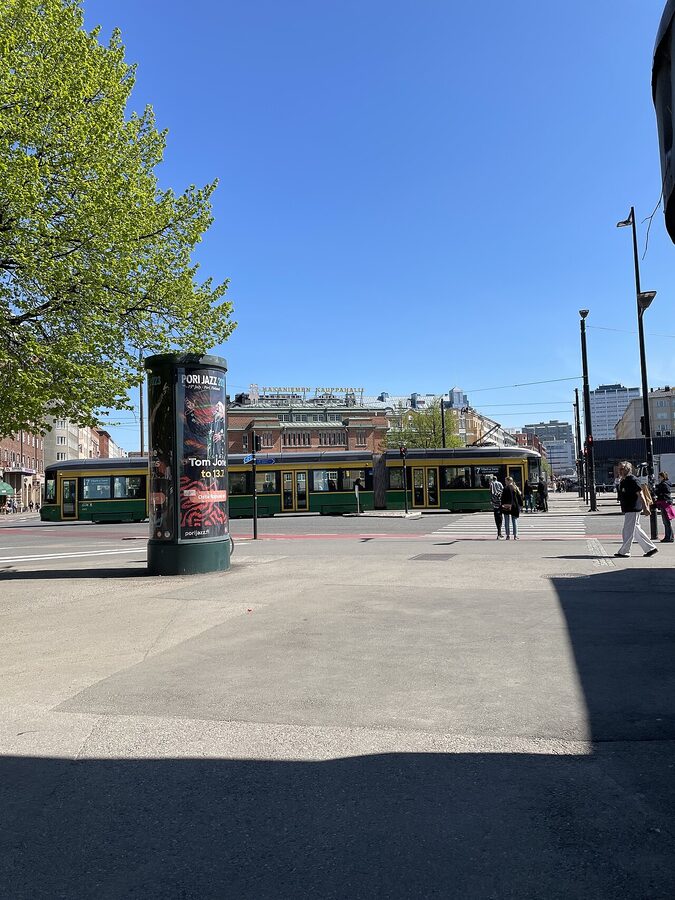 A tram in front of Hakaniemi market hall in Helsinki