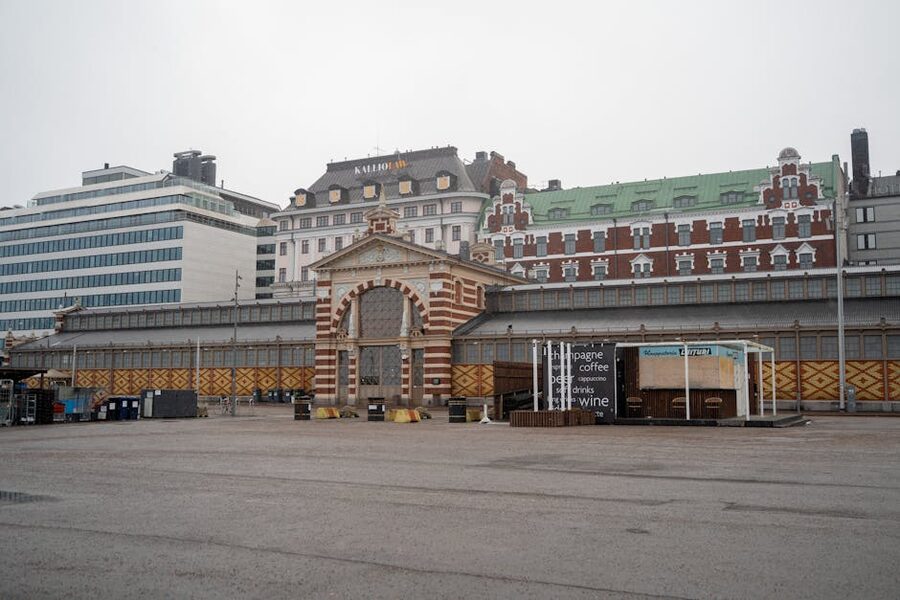 A view of the Helsinki Old Market Hall building from across the harbour