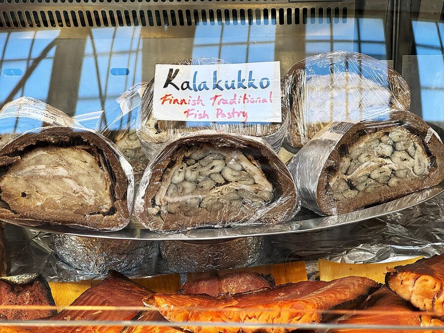 Kalakukko on display at the Old Market Hall in Helsinki, sliced and ready