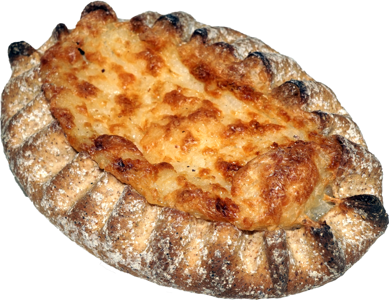 Two Karelian pies, classic karjalanpiirakka with rice porridge filling and rye crust