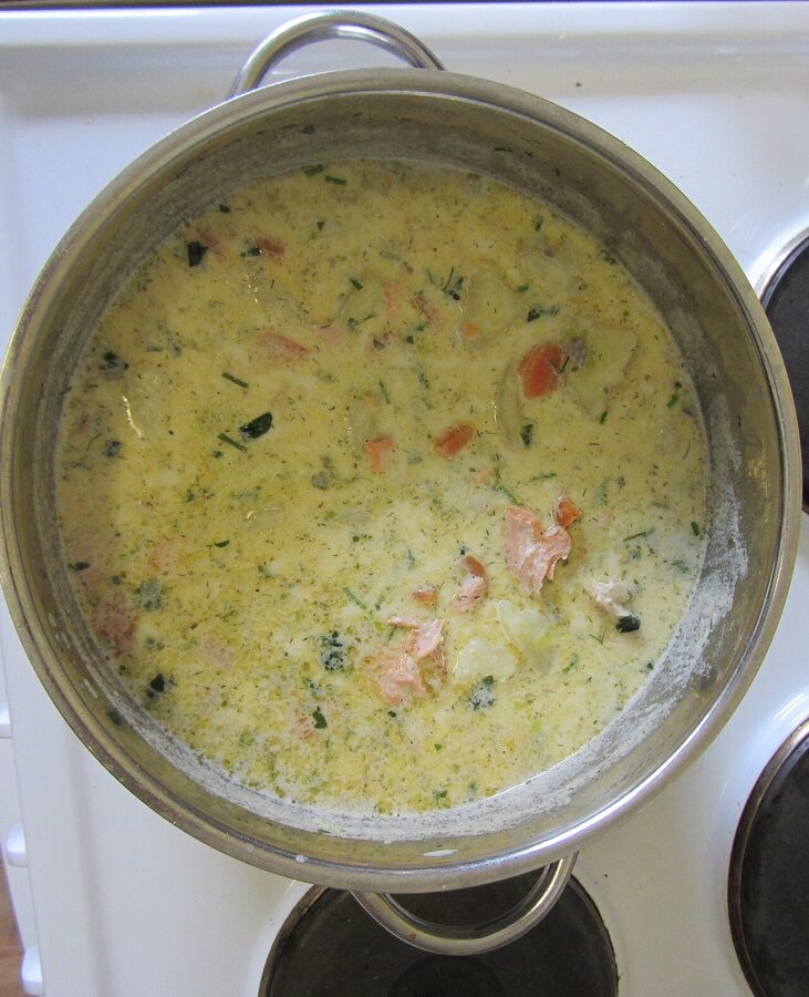 A bowl of lohikeitto, the classic creamy Finnish salmon soup with potatoes, leek and dill