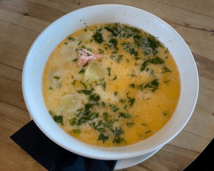 A bowl of salmon soup at Löyly sauna restaurant in Helsinki