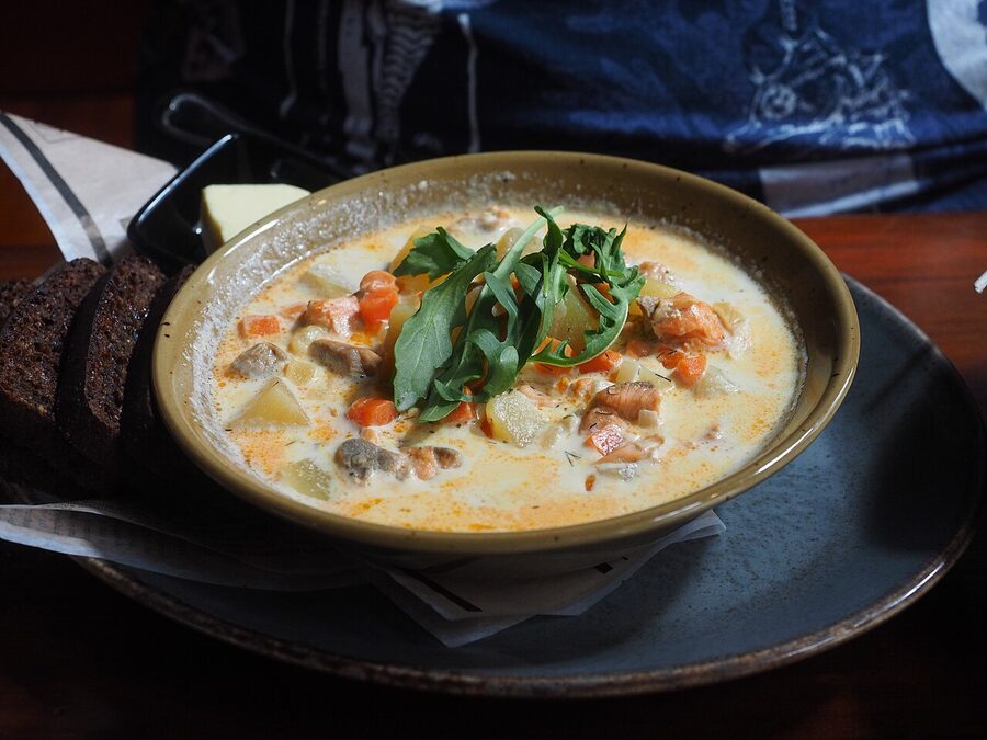 A salmon soup served at Plevna brewery in Tampere's Finlayson district