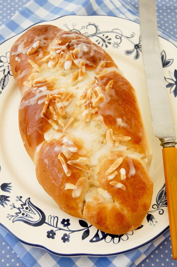 A loaf of cardamom bread, pulla in the braided loaf form